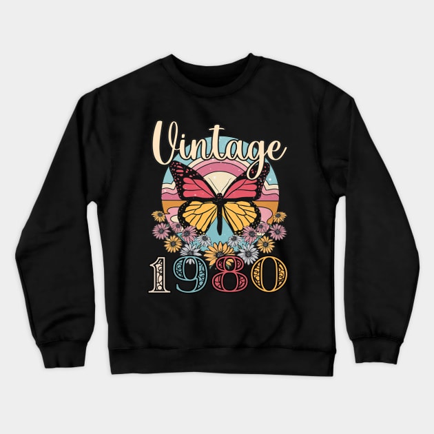 Floral Butterfly Retro Vintage 1980 43rd Birthday Crewneck Sweatshirt by Vladis